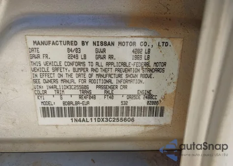 2003 Nissan Altima 2.5 Sl z USA, uszkodzony, nr VIN 1N4AL11DX3C255606